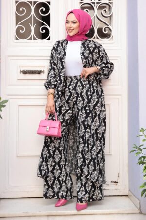 Desenli Siyah Tesettür İkili Kimono Takım 12888S - 3