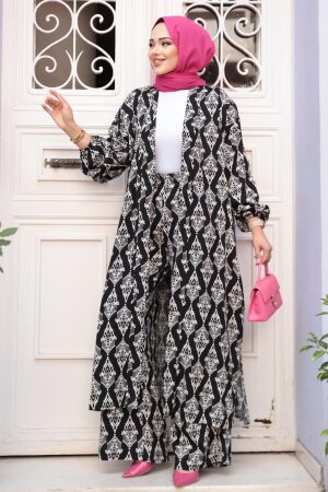 Desenli Siyah Tesettür İkili Kimono Takım 12888S - 1