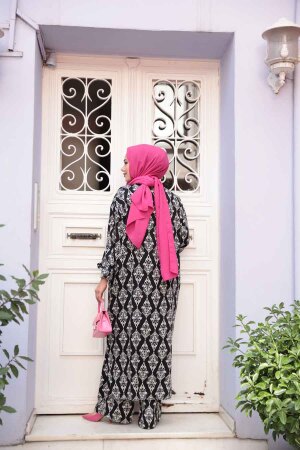 Desenli Siyah Tesettür İkili Kimono Takım 12888S - 4