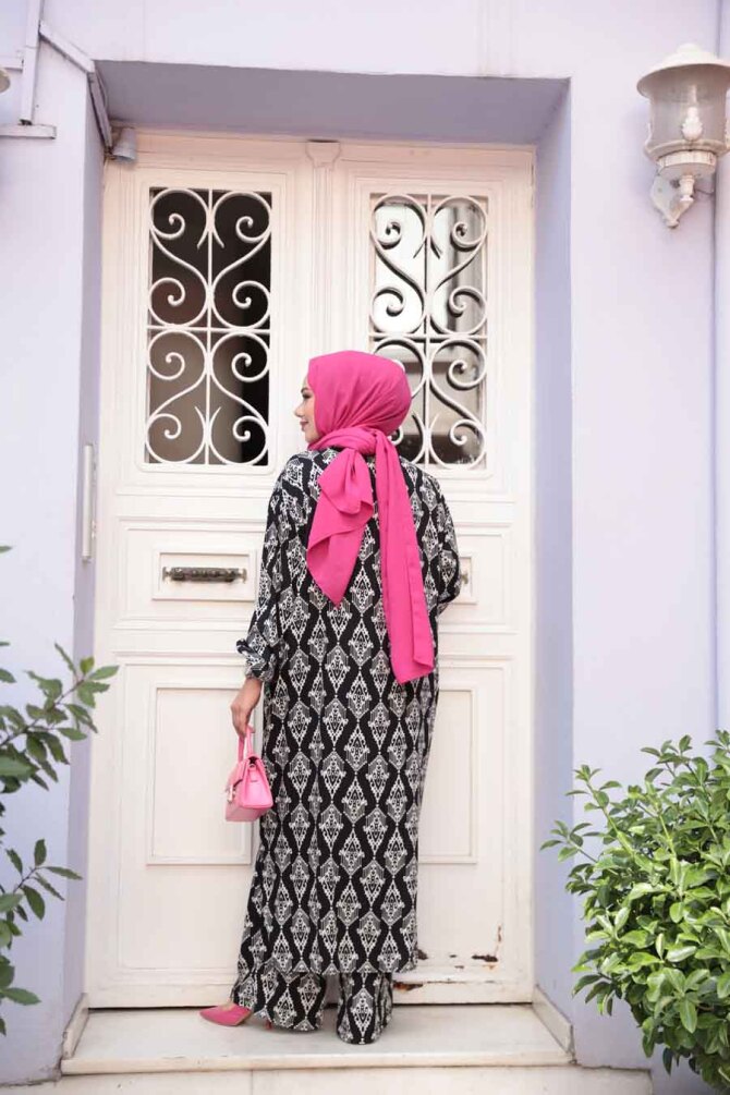 Desenli Siyah Tesettür İkili Kimono Takım 12888S - 4