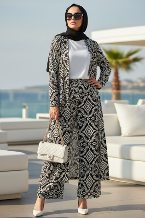 Desenli Siyah Tesettür İkili Kimono Takım 12889S 