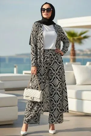 Desenli Siyah Tesettür İkili Kimono Takım 12889S 