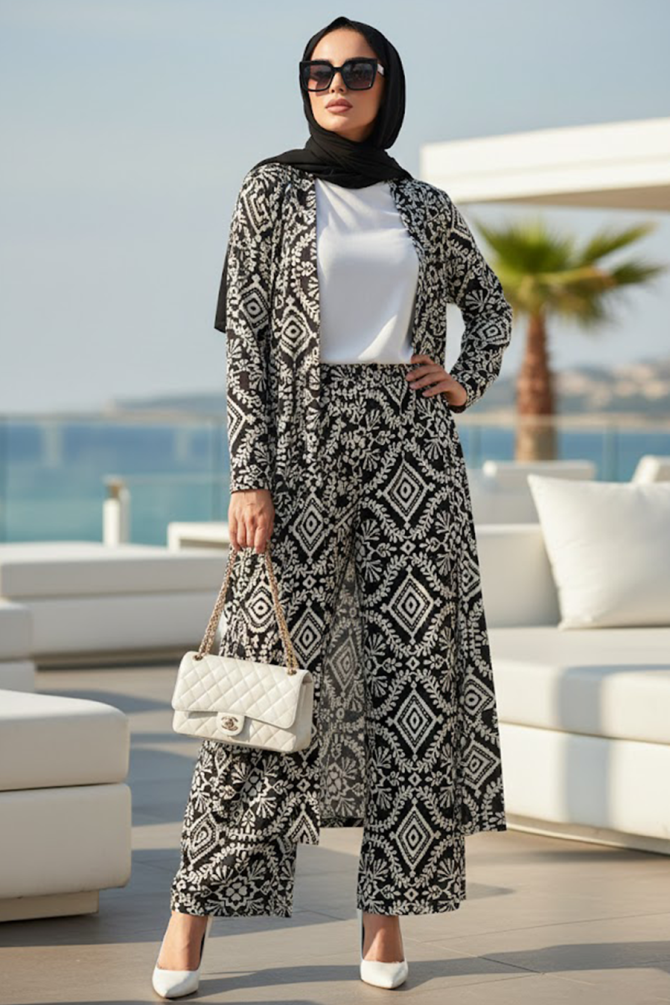 Desenli Siyah Tesettür İkili Kimono Takım 12889S - 1