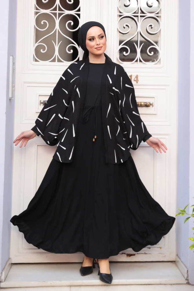 Desenli Siyah Tesettür İkili Kimono Takım 12892S - 1