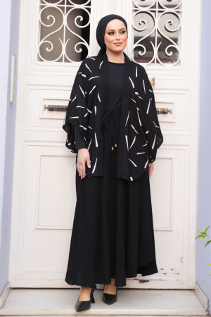 Desenli Siyah Tesettür İkili Kimono Takım 12892S - 2