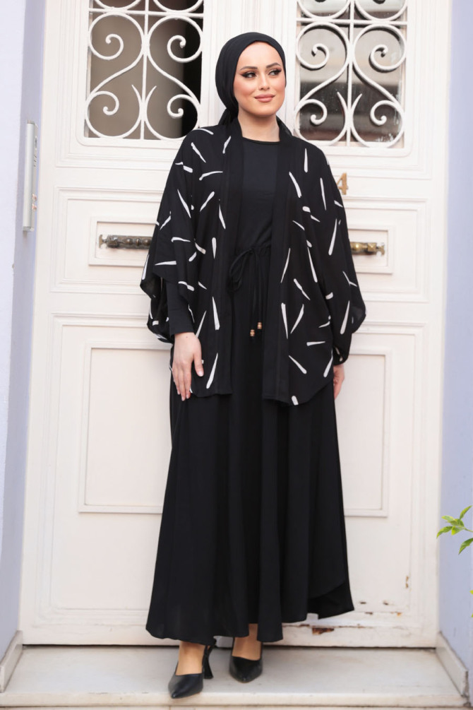 Desenli Siyah Tesettür İkili Kimono Takım 12892S - 2