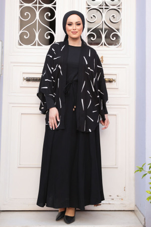 Desenli Siyah Tesettür İkili Kimono Takım 12892S - 3