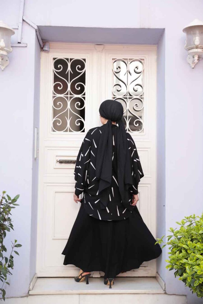 Desenli Siyah Tesettür İkili Kimono Takım 12892S - 4