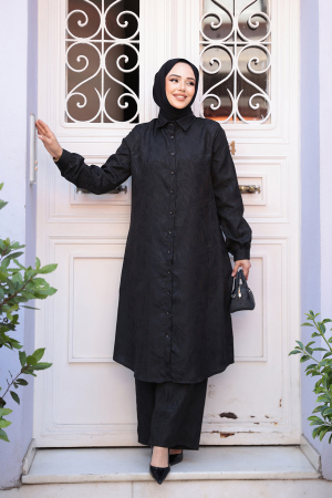 Desenli Siyah Tesettür İkili Takım 12981S - 2