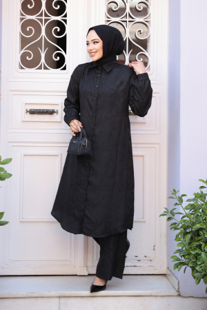 Desenli Siyah Tesettür İkili Takım 12981S - 3