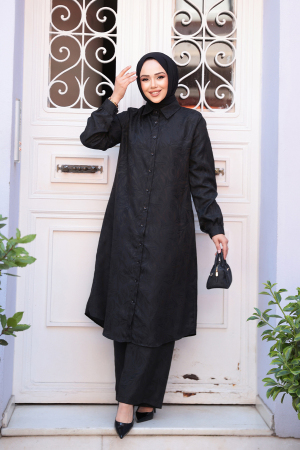 Desenli Siyah Tesettür İkili Takım 12981S 