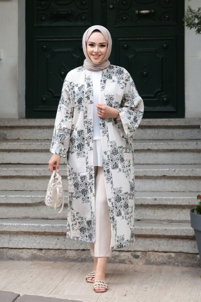 Desenli Siyah Tesettür Kimono 32121S - 2