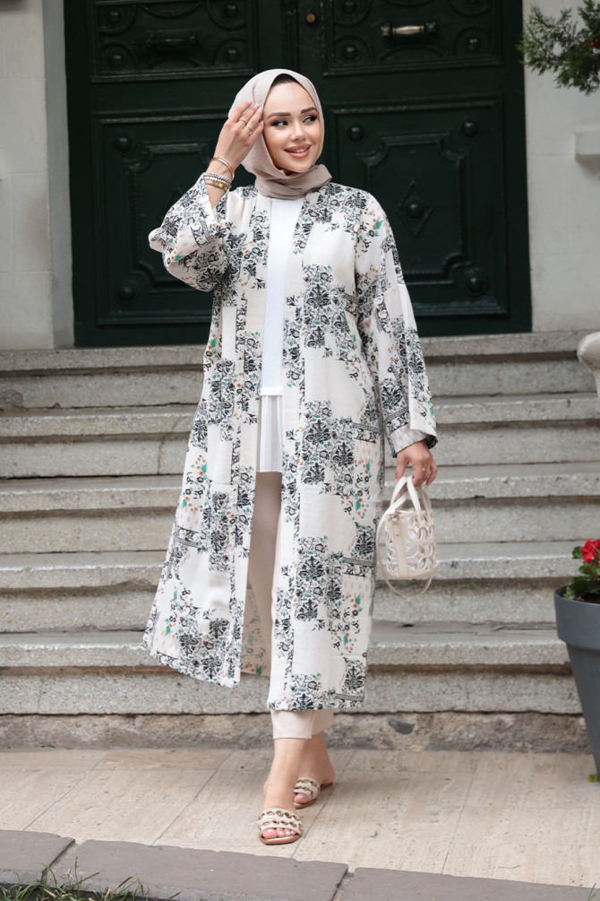 Desenli Siyah Tesettür Kimono 32121S - 1