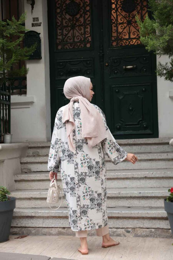 Desenli Siyah Tesettür Kimono 32121S - 4