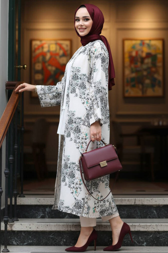 Desenli Siyah Tesettür Kimono 32121S - N.S NEVA STYLE