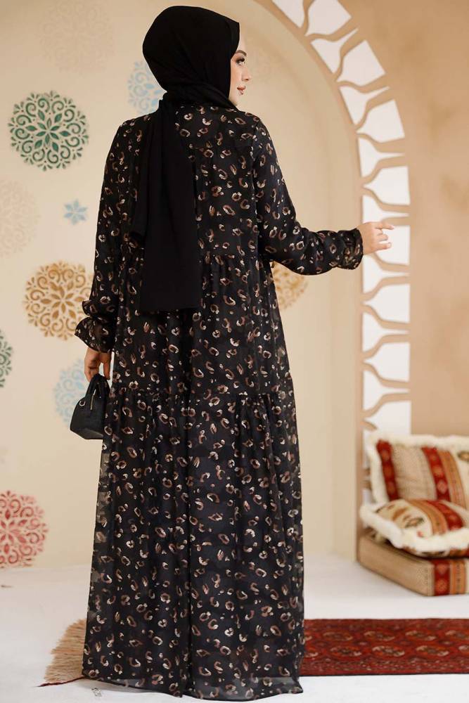 Desenli Siyah Tesettür Şifon Elbise 23602S - 3