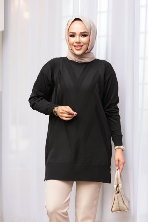 Desenli Siyah Tesettür Triko Kazak Tunik 17211S - 2