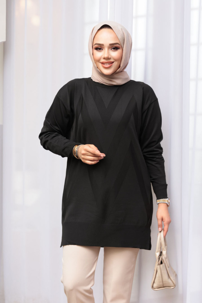 Desenli Siyah Tesettür Triko Kazak Tunik 17211S - 2