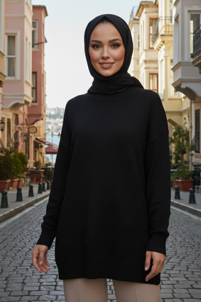  Desenli Siyah Tesettür Triko Kazak Tunik 20023S - 2