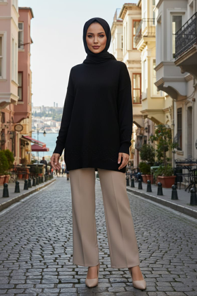  Desenli Siyah Tesettür Triko Kazak Tunik 20023S - 3