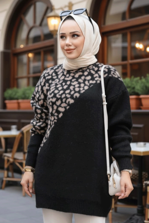 Desenli Siyah Tesettür Triko Kazak Tunik 8818S 