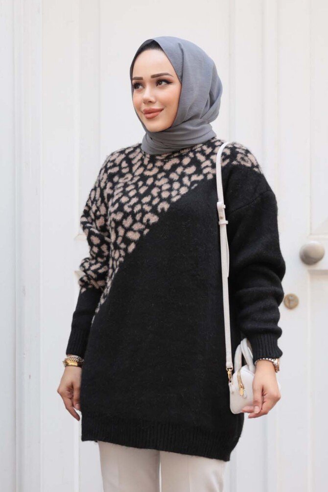 Desenli Siyah Tesettür Triko Kazak Tunik 8818S - 1
