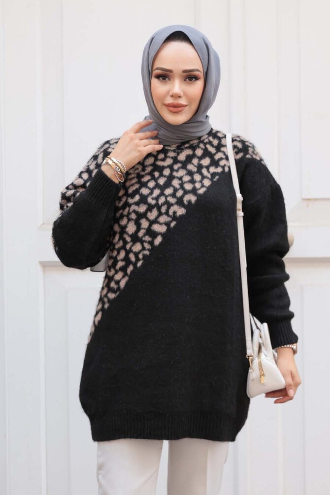 Desenli Siyah Tesettür Triko Kazak Tunik 8818S - 2