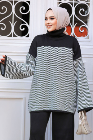 Desenli Siyah Tesettür Triko Tunik Kazak 71502S - 1