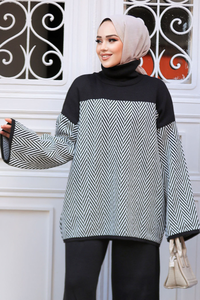 Desenli Siyah Tesettür Triko Tunik Kazak 71502S - 1