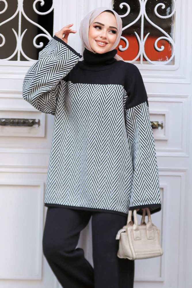 Desenli Siyah Tesettür Triko Tunik Kazak 71502S - 2