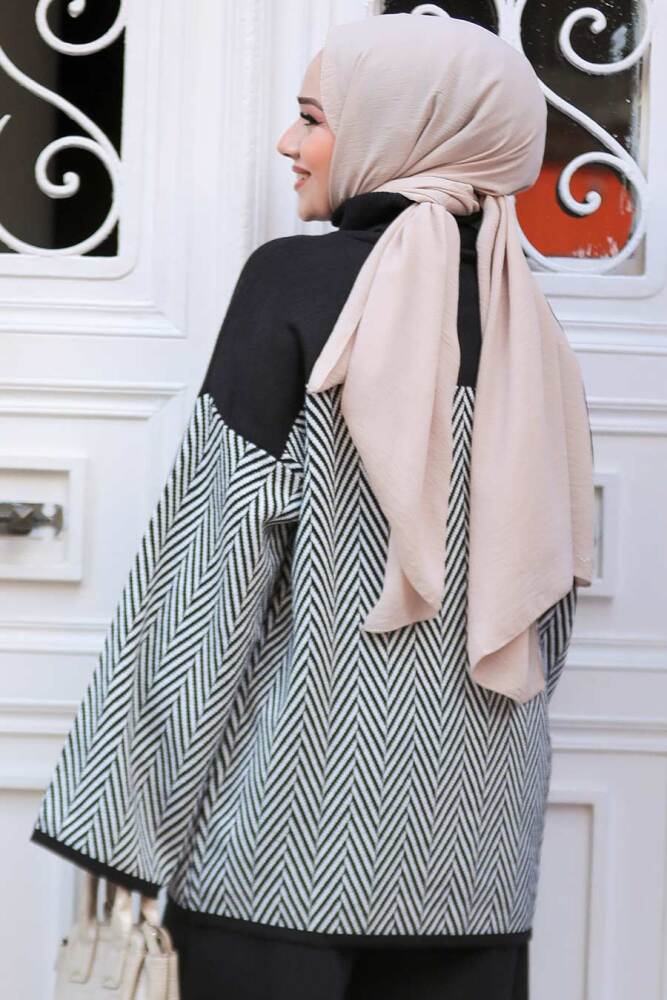 Desenli Siyah Tesettür Triko Tunik Kazak 71502S - 4