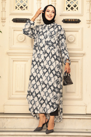 Desenli Siyah Tesettür Tunik 10329S - 2