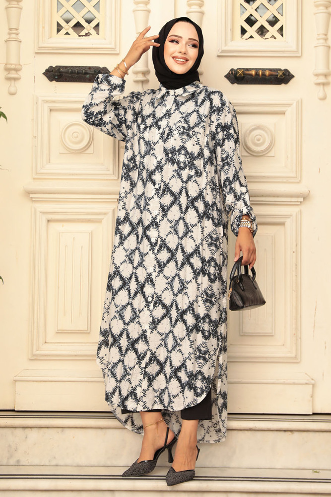 Desenli Siyah Tesettür Tunik 10329S - 2