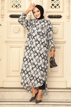 Desenli Siyah Tesettür Tunik 10329S - 1