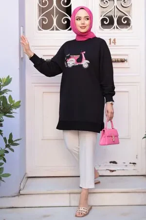 Desenli Siyah Tesettür Tunik 10636S 