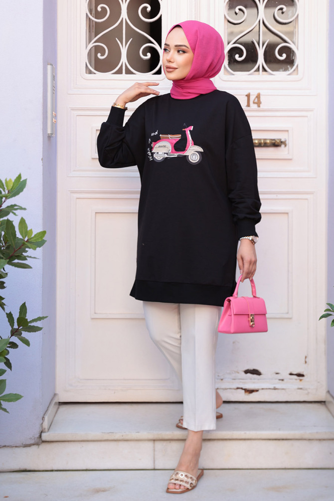 Desenli Siyah Tesettür Tunik 10636S - 2