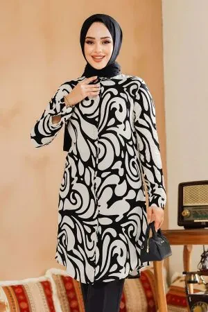 Desenli Siyah Tesettür Tunik 11711S 