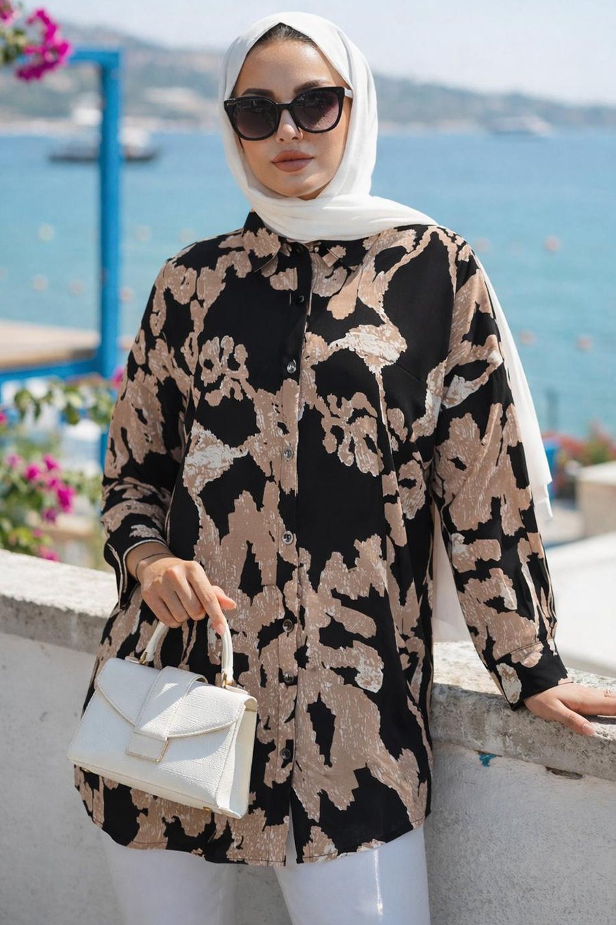 Desenli Siyah Tesettür Tunik 20426S