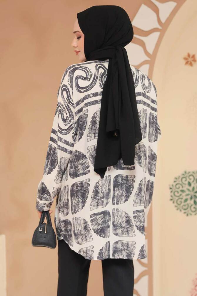 Desenli Siyah Tesettür Tunik 20409S - 4