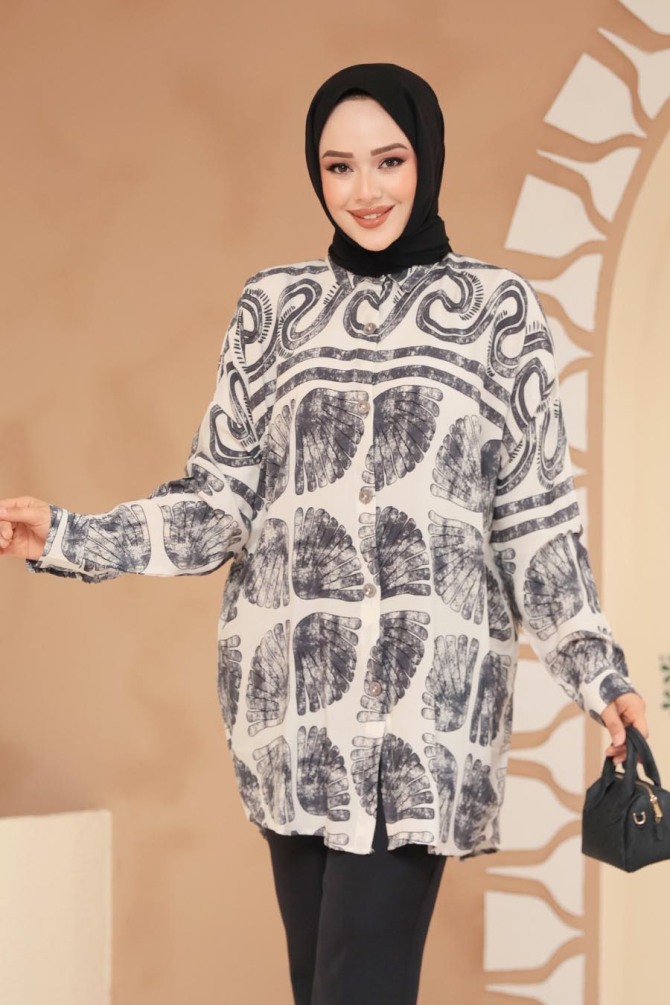 Desenli Siyah Tesettür Tunik 20409S - 2