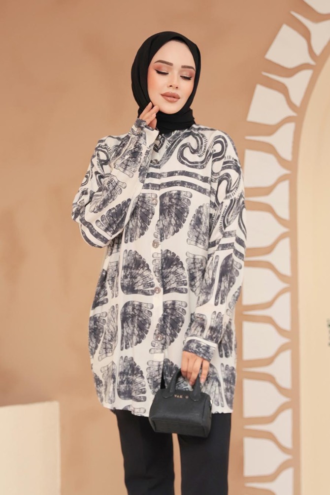 Desenli Siyah Tesettür Tunik 20409S - 3