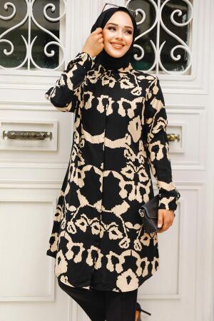 Desenli Siyah Tesettür Viskon Tunik 11685S - NEVA STYLE