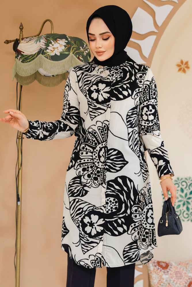 Desenli Siyah Tesettür Viskon Tunik 11712S - NEVA STYLE