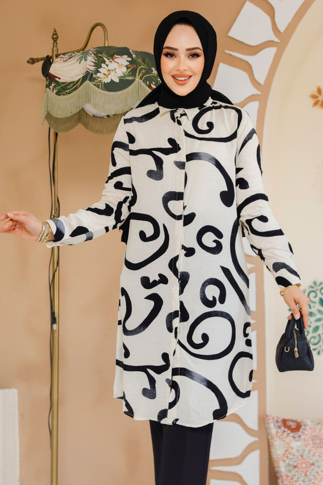 Desenli Siyah Tesettür Viskon Tunik 11714S - NEVA STYLE