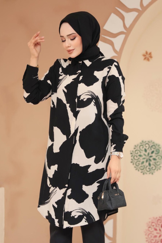 Desenli Siyah Tesettür Viskon Tunik 11728S - NEVA STYLE
