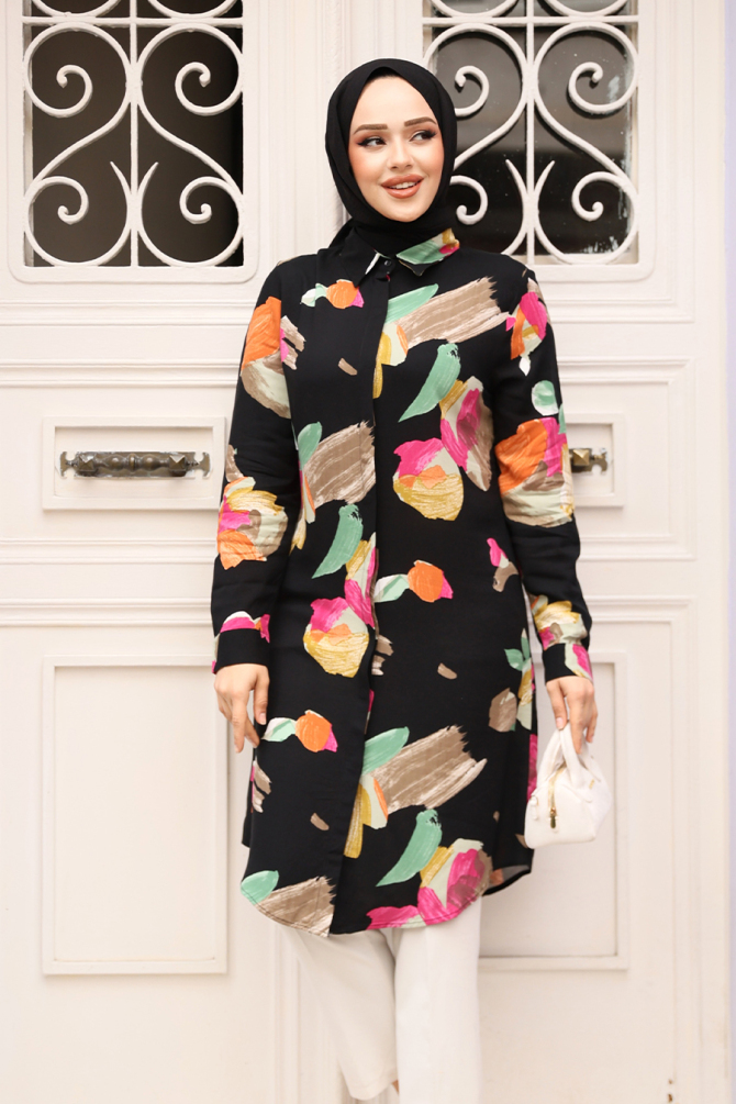 Desenli Siyah Tesettür Viskon Tunik 11729S - NEVA STYLE