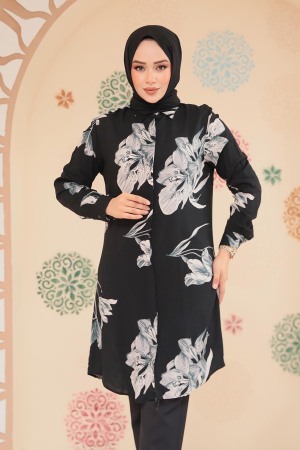 Desenli Siyah Tesettür Viskon Tunik 11732S - NEVA STYLE