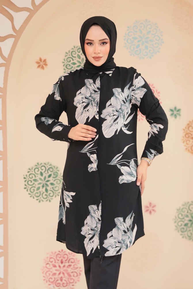 Desenli Siyah Tesettür Viskon Tunik 11732S - NEVA STYLE