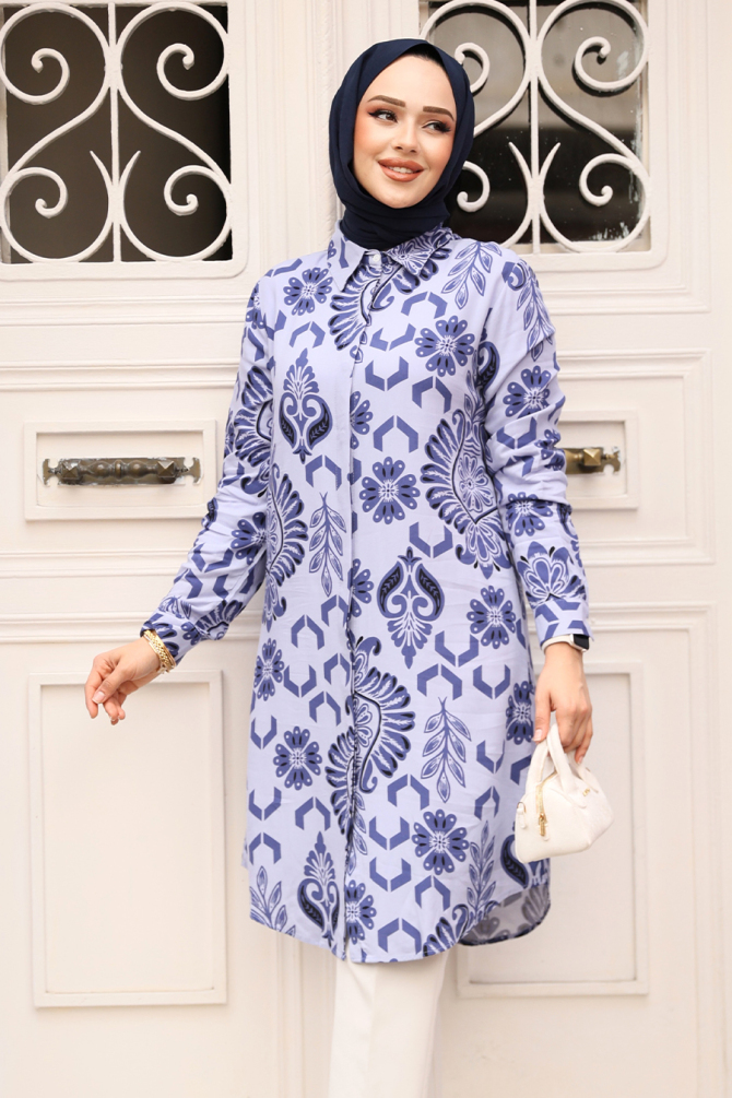 Desenli Lila Tesettür Viskon Tunik 11735LILA - NEVA STYLE