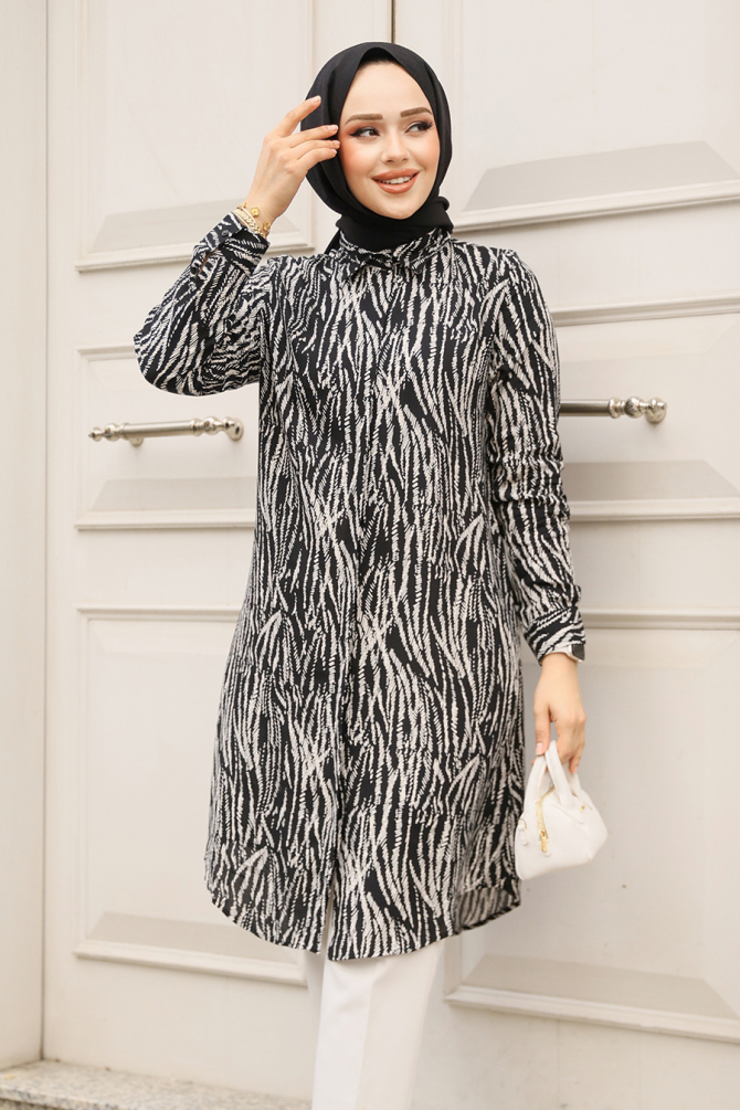 Desenli Siyah Tesettür Viskon Tunik 11733S - NEVA STYLE
